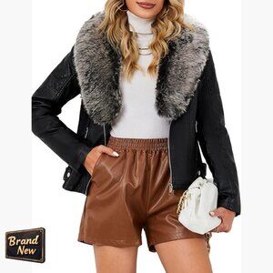 Sherpa-Lined Faux Leather Moto Jacket with Removable Fur Collar